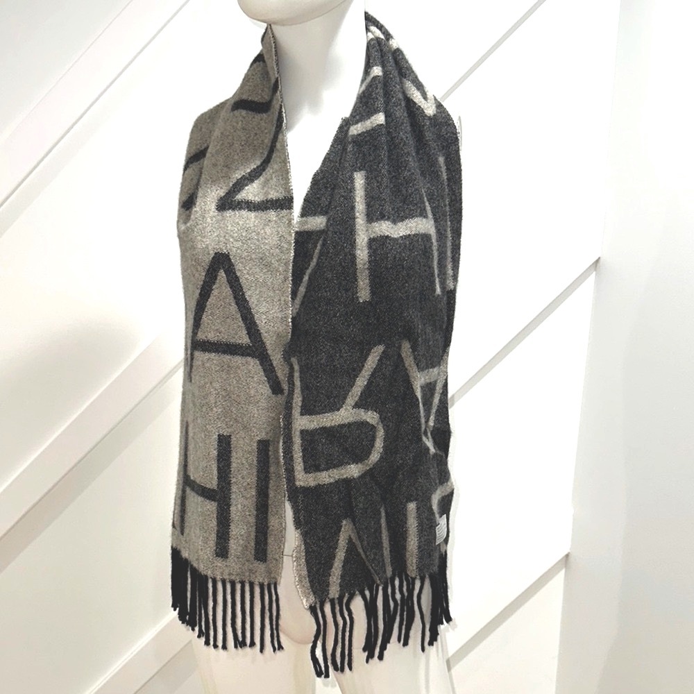 Isaac Mizrahi 100% Cashmere Chic Black and Gray Lettered Scarf